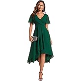 Ever-Pretty Women's Wedding Guest Dress Chiffon V Neck Ruched Short Sleeves Midi High Low Birthday Semi Formal Dresses 02088