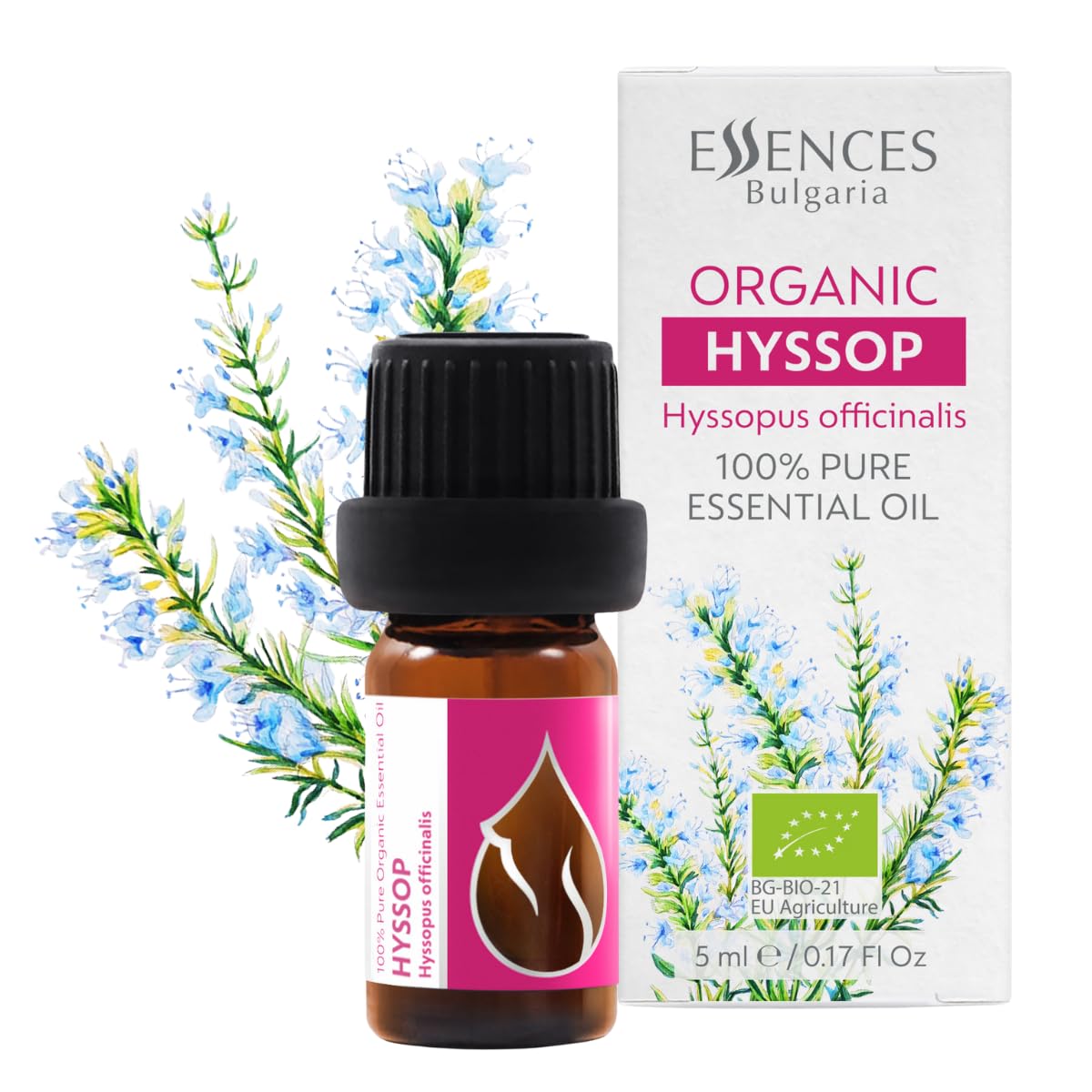 Essences Bulgaria Organic Hyssop Essential Oil 5ml | Hyssopus officinalis | 100% Pure and Natural | Undiluted | Therapeutic Grade | Family Owned Farm | Steam-Distilled | Non-GMO | Vegan