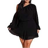 Floerns Women's Plus Size Off The Shoulder Dress Lantern Sleeve Sheer Ruffle Short Dresses
