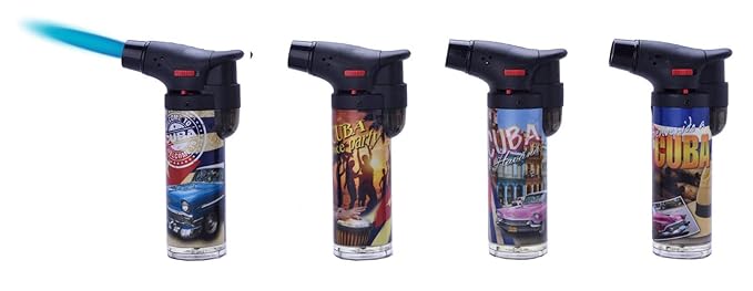 Küchenbrenner Sturmfeuerzeug Gasfeuerzeug Nachfüllbar (4 stück In 4 Motiven) +1x (Konsumany® Stab- Stumfeuerzeug 12,5 cm Lang