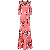 Bon Rosy Women's Super Stretchy Maxi Party Dress Spring Floral Print Faux Wrap 3/4 Sleeve V-Neck