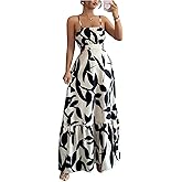 OYOANGLE Women's Floral Print Tropical Maxi Cami Dress Ruffle Flowy Summer Vacation Spaghetti Strap Sundress