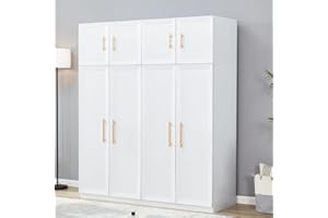 LivelyLodge 74.2" H Closet Wardrobe Closet with 4 Doors Wood Armoire Wardrobe Closet White Storage Cabinet Bedroom Armoires Clothes Closets Bathroom Closets Cabinet with Hanging Rod Shelves