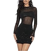MakeMeChic Women's Sparkly Mesh Rhinestone Mini Dress Sequin Glitter Long Sleeve Sheer Bodycon Short Dress