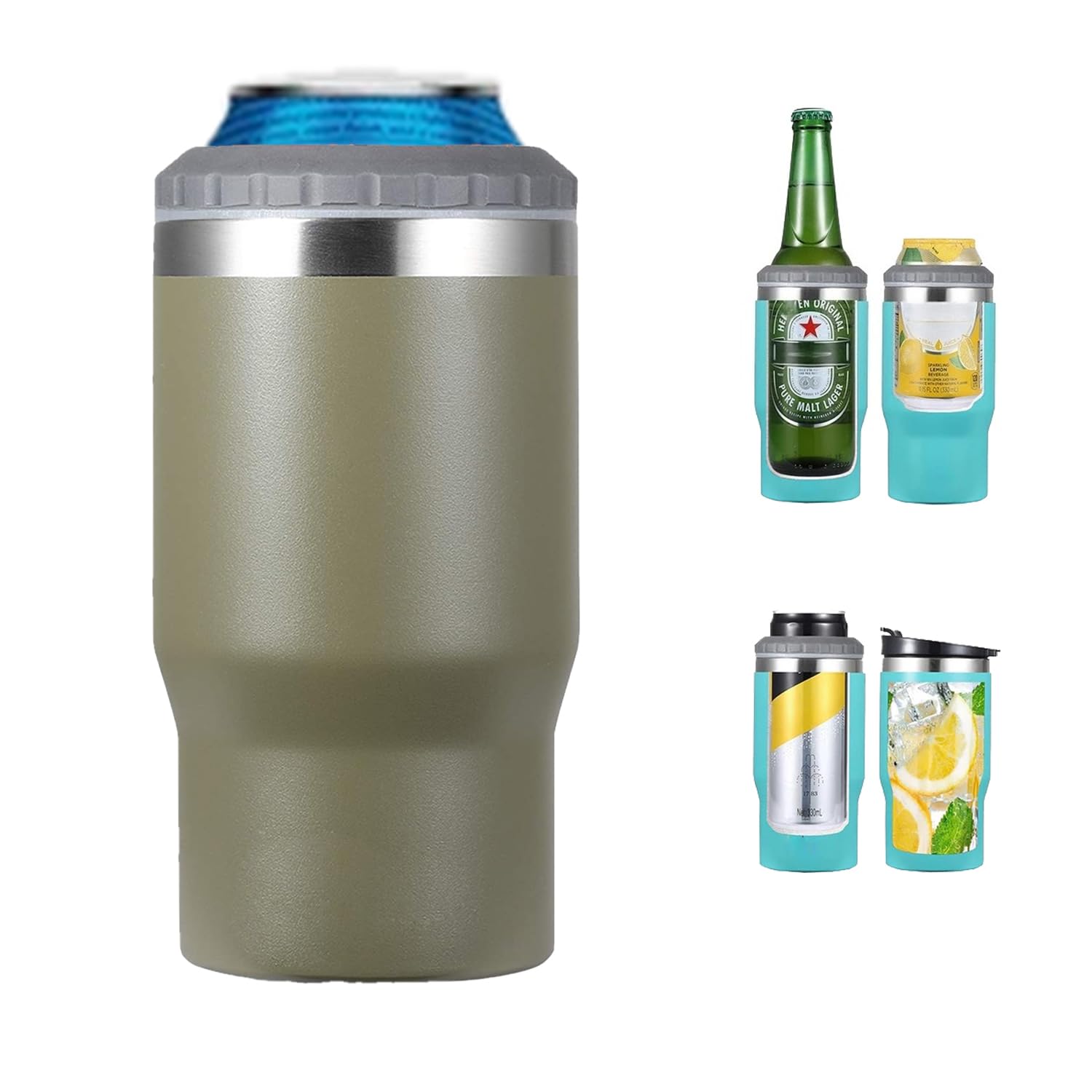 Gteller 4 in 1 Stainless Steel Can/Bottle Insulator, 14oz Two-Way Lids SUS Insulated Can Cooler, Beer Bottle holder (Olivaceous) — image 1