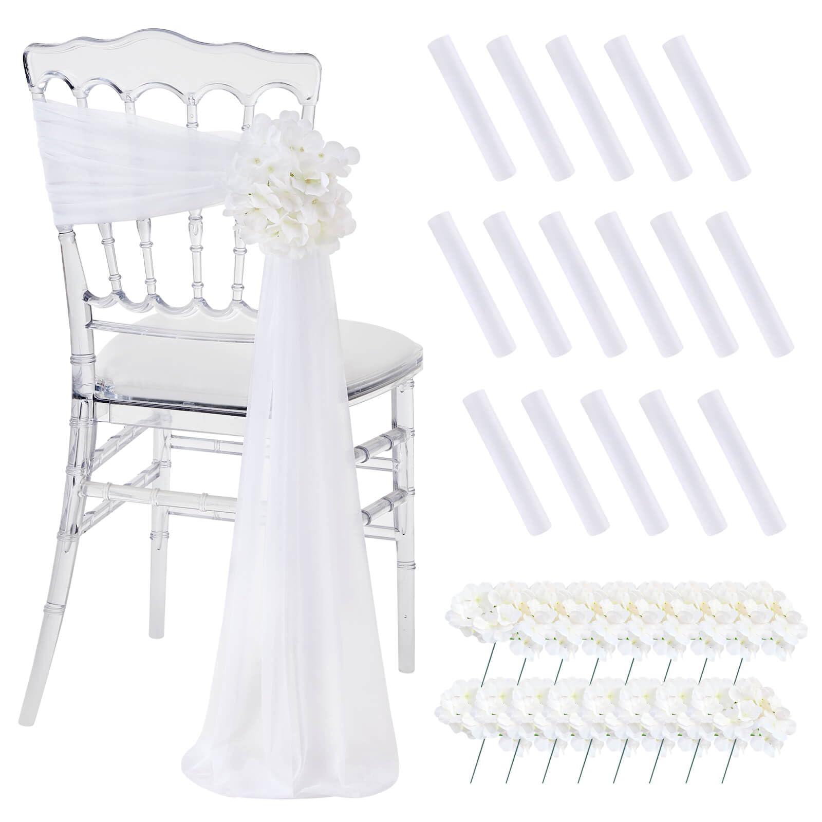 Photo 1 of SoarDream White Chair Sashes for Wedding: 16 Pieces Sheer Church Chair Cover with Artificial Hydrangea for Party Banquet Aisle Decorations