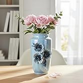 Wancetang Blue Ceramic Vase 7 Inch - Small Decorative Vase with Floral Pattern, Ideal for Coastal & Modern Home Decor, Bathroom and Shelf Accent