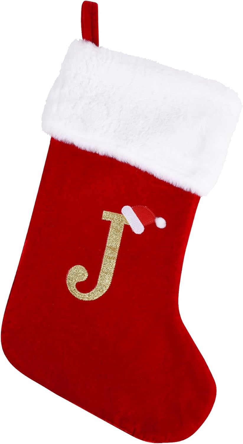 Stockings & Holders - 20 Inches Monogram Christmas Stockings with Letters, Large Super Soft Christmas Stockings Red Velvet with White Super Soft Plush Cuff for Christmas Xmas Tree Holiday Fireplace (J)