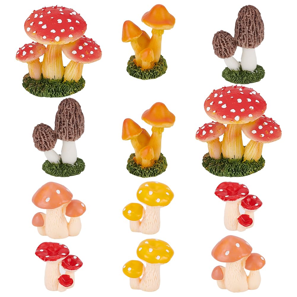 GOMAKERER 12 Pcs 6 Styles Mushroom Figurines, Mixed Color Resin Mushroom Statue Fairy Garden Accessories for Outdoor Decoration Home Decoration Cake Decoration Diy Crafts