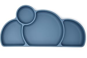 PrimaStella Silicone baby & toddler plate, baby led weaning supplies - Easy-reach design for self-feeding (Slate Blue)