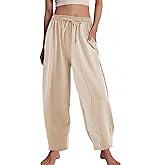 Flygo Women's Wide Leg Baggy Pants Casual Elastic High Waisted Palazzo Harem Slacks Ankle Length Loose Trousers with Pockets(Apricot-M)