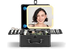 OMIRO Makeup Case, Travel Makeup Bag with Light Up Mirror Set, Makeup Organizer Box with Magnet Travel Makeup Mirror for Wome