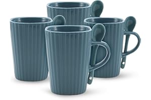 American Atelier Mug and Spoon Set | Set of 4 | Large Ceramic Coffee Mugs for Latte, Soup, Hot Cocoa, Tea | Spoon in Handle | 14-Ounce | Dishwasher and Microwave Safe (Blue)