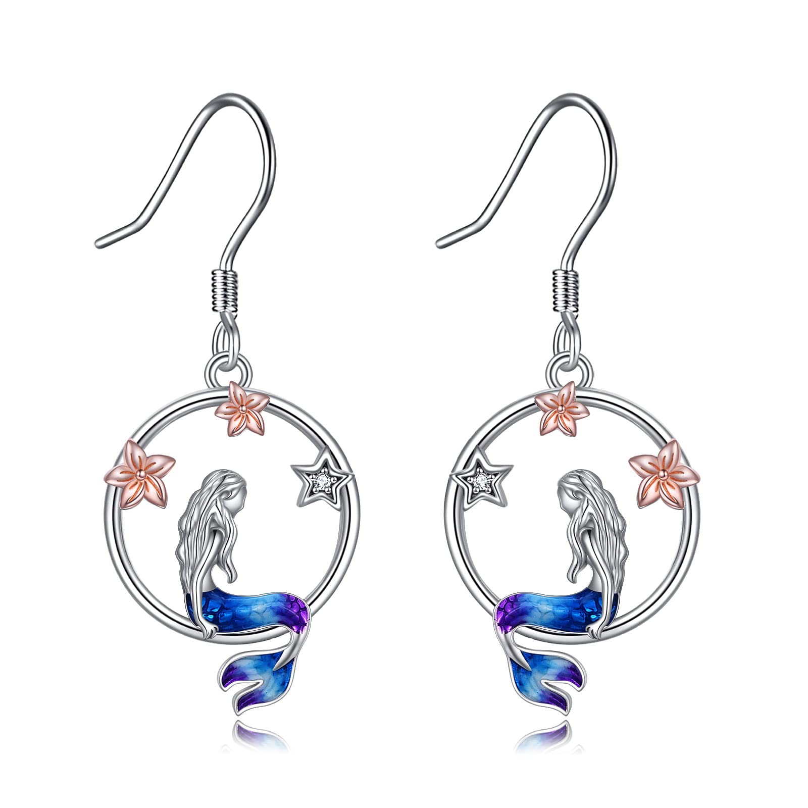 YAFEINI Mermaid Earrings for Women 925 Sterling Silver Sea Mermaid Dangle Earrings Endless Circle Earrings Ocean Animal Beach Jewelry Gifts for Women