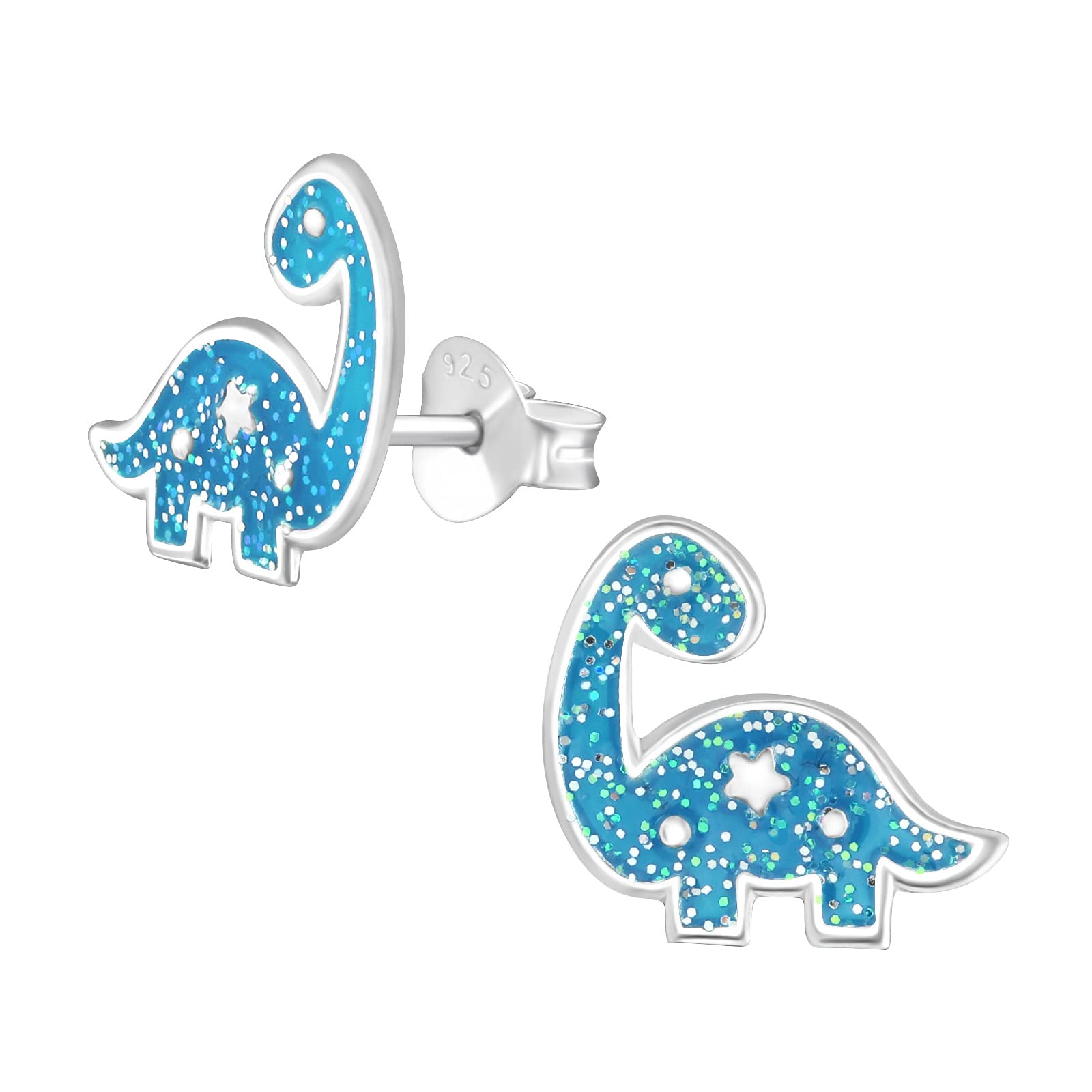 Dinosaur Earrings 925 Sterling Silver Studs Sparkly Blue