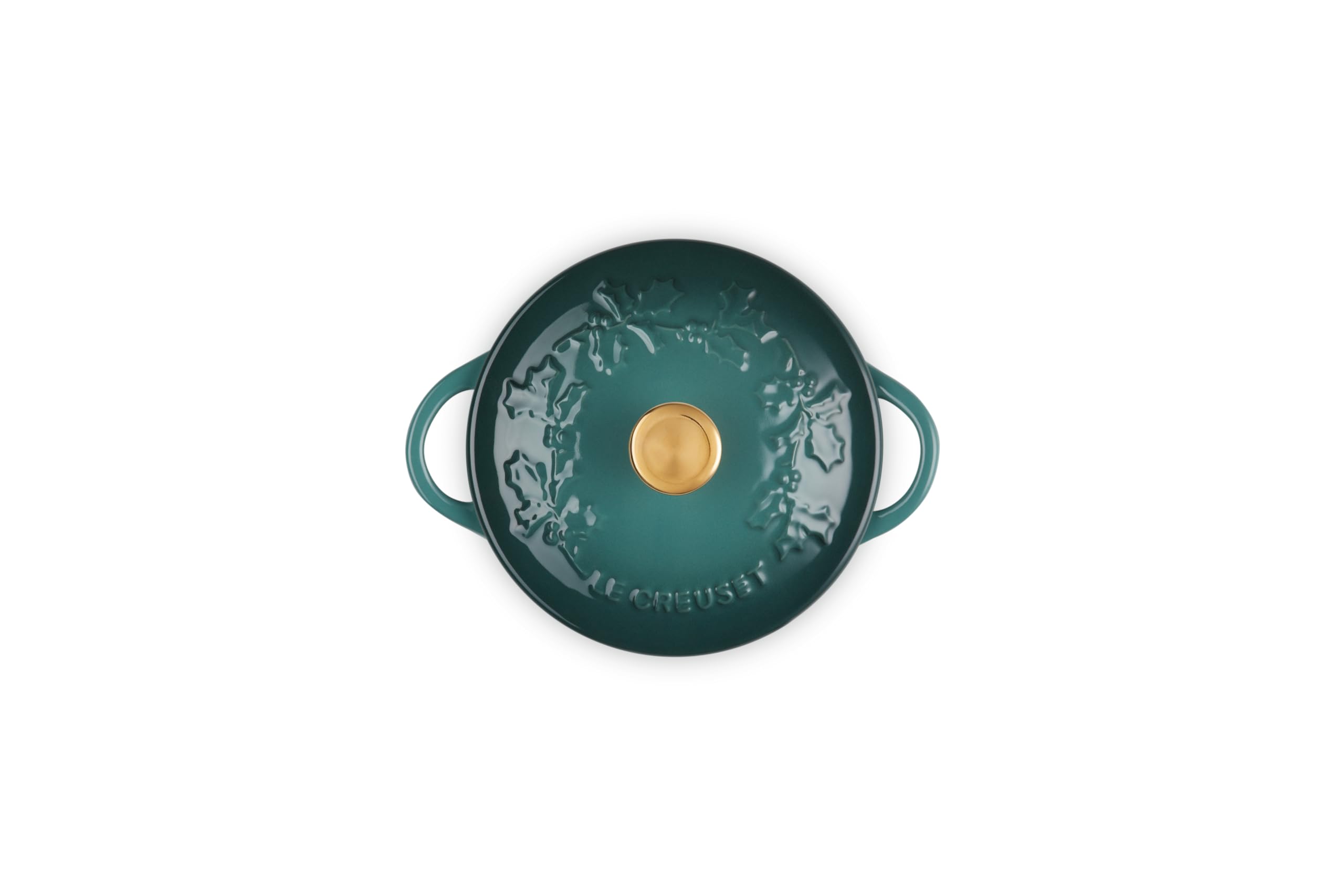 Le Creuset Stoneware Holly Collection Mini Round Cocotte, 8 Oz, Artichaut with Gold Knob