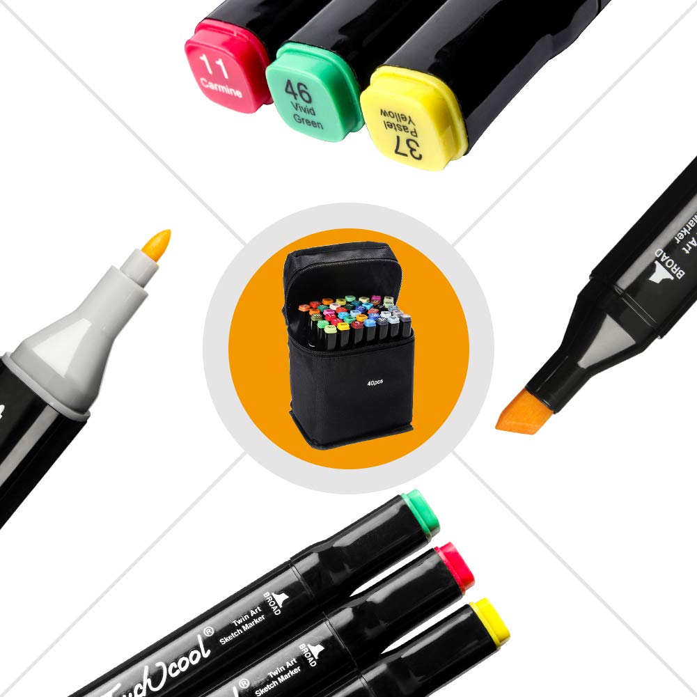 Ciaoed Artist Alcohol Based Marker Pens, 40 Colors Dual Tip Artist Markers Pens with Fine Tip and Chisel Tip for Coloring Books, Art, Sketching, Calligraphy, Manga, Bullet Journal