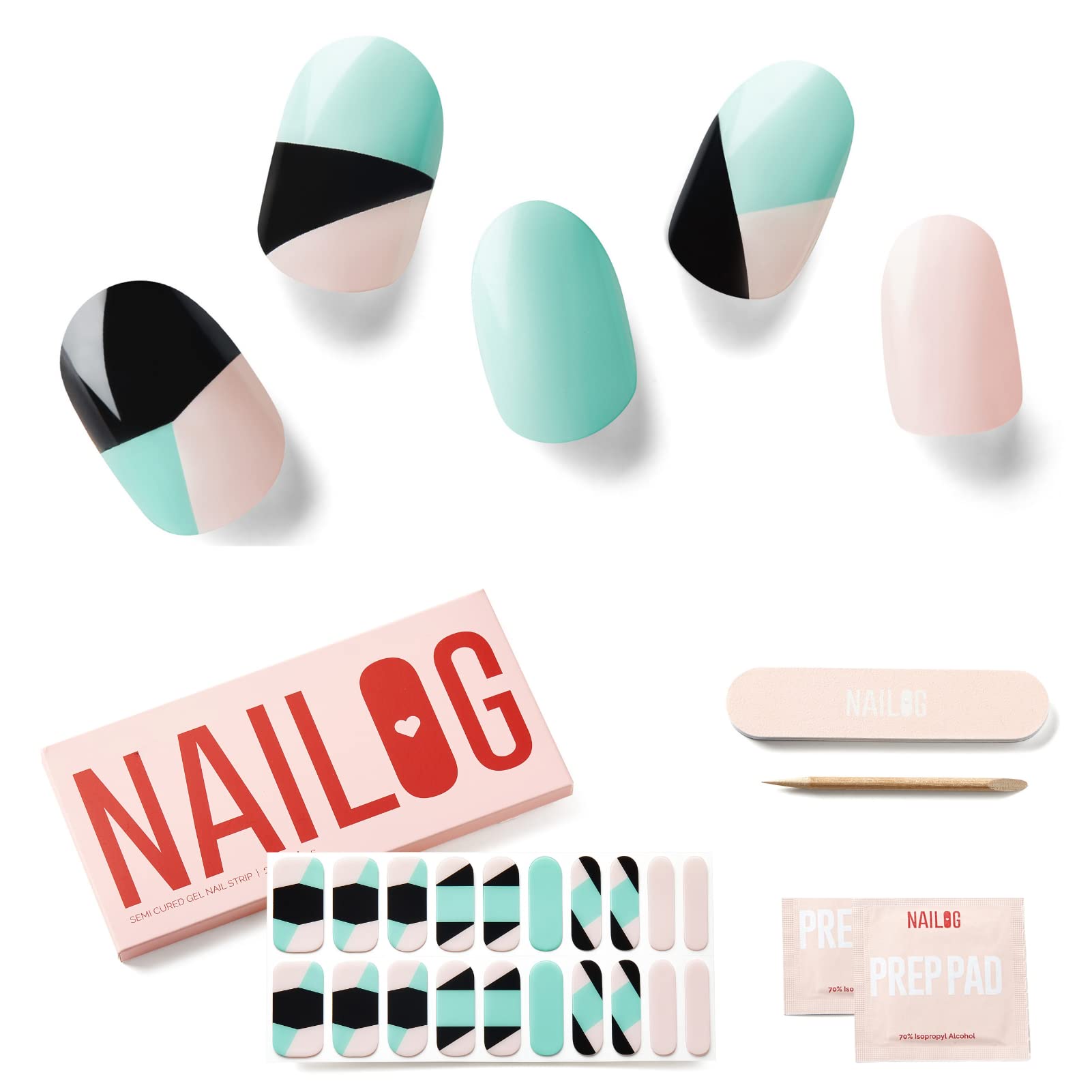 NAILOG Semi Cured Gel Strips (20 Extra Long Stickers), UV/Led Lamp Glossy & Long Lasting Soft Gel Finish Wrap, Three — image 1