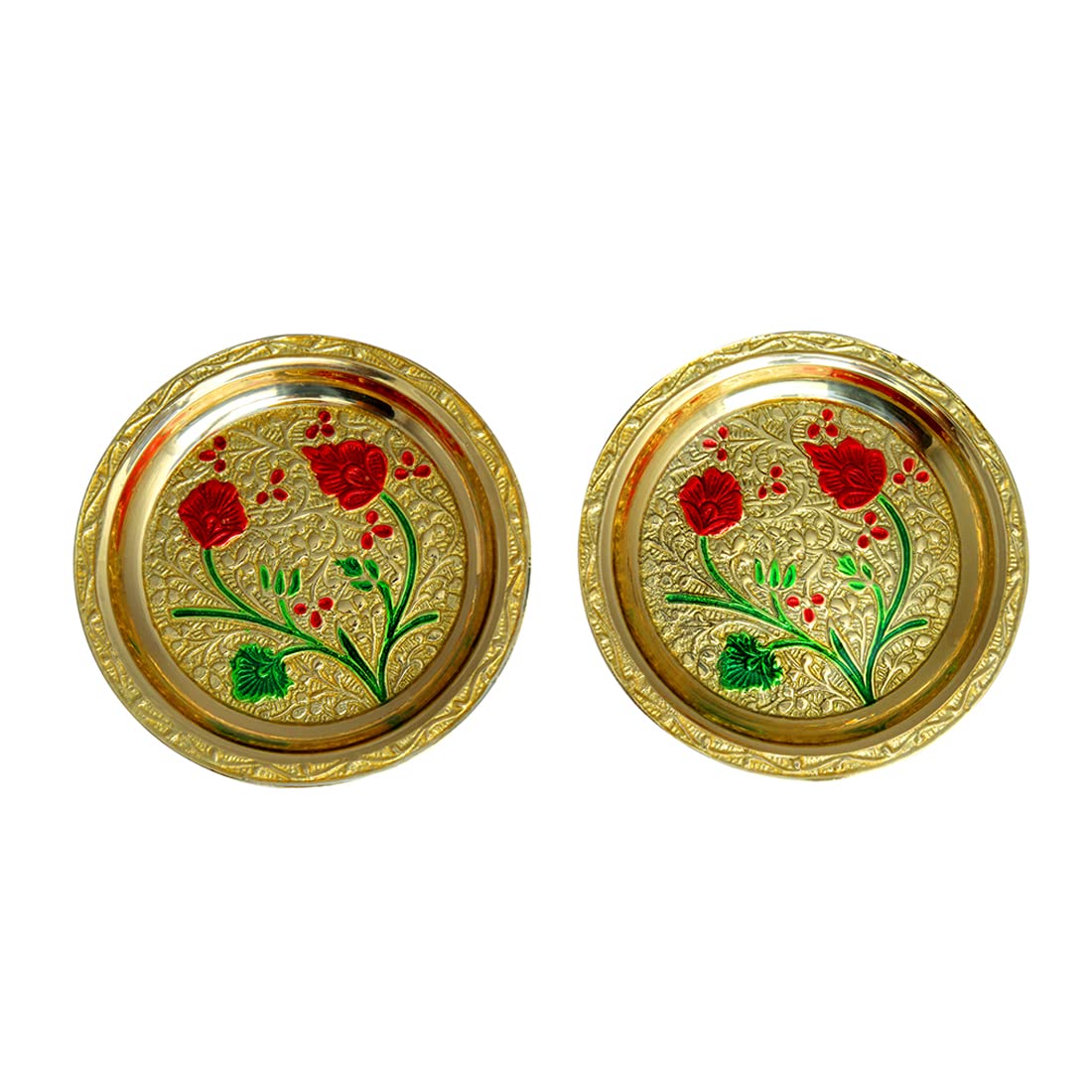 Set of 2 Thali Small Decorative Brass Minakari work Plate, Decorative Indian Roli chawal Prasad Plate Katori for Pooja Utensils for Indian Traditional New year Decor Puja Item (Size:- 2.5")