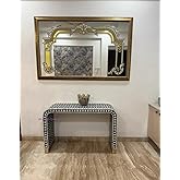 Black and White Geometric Pattern Mother of Pearl Inlay Console Table, Modern Entryway Accent Furniture with Gold Base