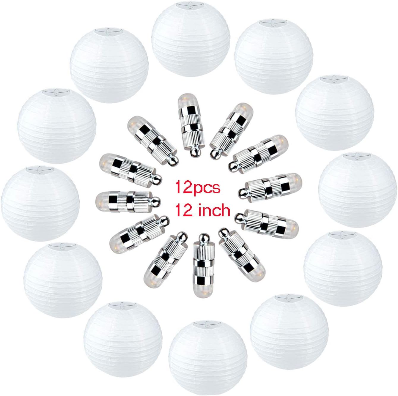 12 Packs 12inch White Paper Lanterns with 12 LED Round Lights