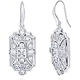 BERRICLE Sterling Silver Vintage Inspired Art Deco Cubic Zirconia CZ Milgrain Fish Hook Dangle Drop Earrings for Women, Rhodium Plated