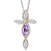 Cross Necklace For Women In 925 Silver and 10K Yellow Gold with Purple Amethyst and White Moissanite | 1.22 Cttw | Jesus Christian Religious Crucifix | Marquise 8X4MM | With 18 Inch Chain