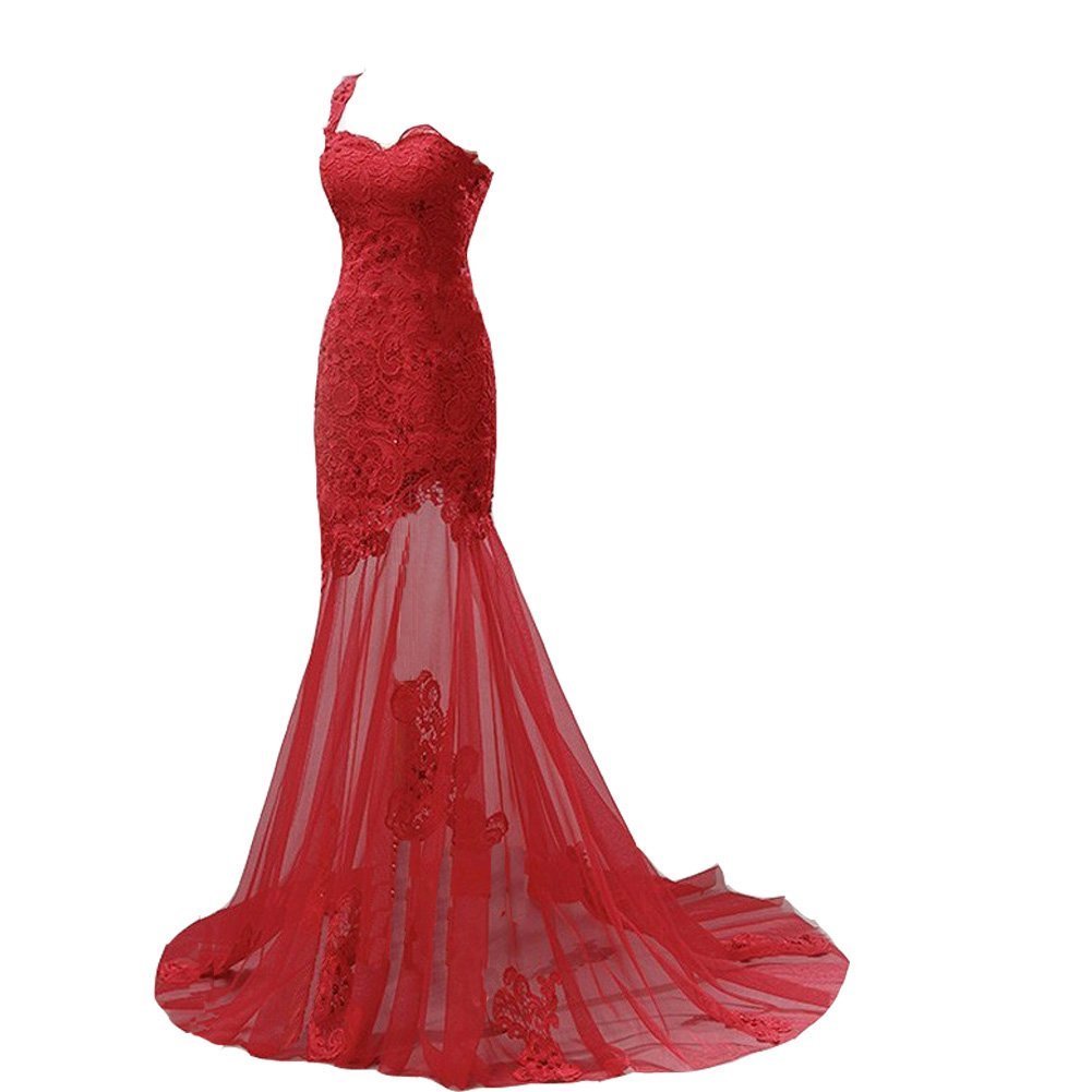 Kivary Women's Sheer Lace Mermaid Prom Dresses One Shoulder Beaded Evening Gown