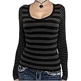 SOLY HUX Women's Striped Long Sleeve T Shirts Scoop Neck Fitted Aesthetic Tees Y2k Grunge Top