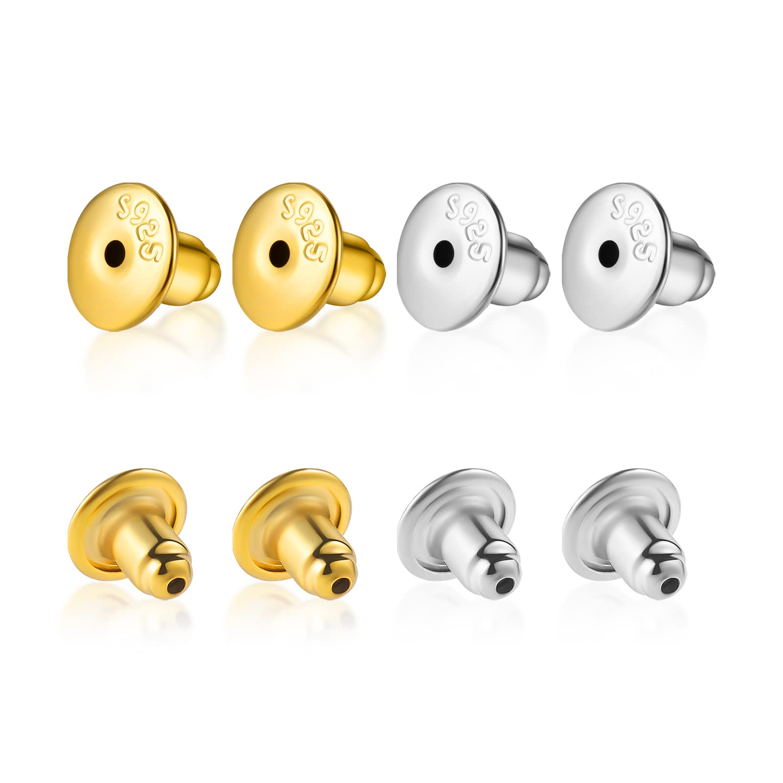 KINBOM 8pcs Bullet Locking Earring Backs, 18K Gold-Plated, 18K White Gold Sterling Silver Hypoallergenic Earring Stoppers for Studs