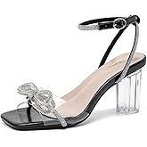 Amoji Women 3 Inch Clear Heels Rhinestone Bow Block Heeled Sandal 337
