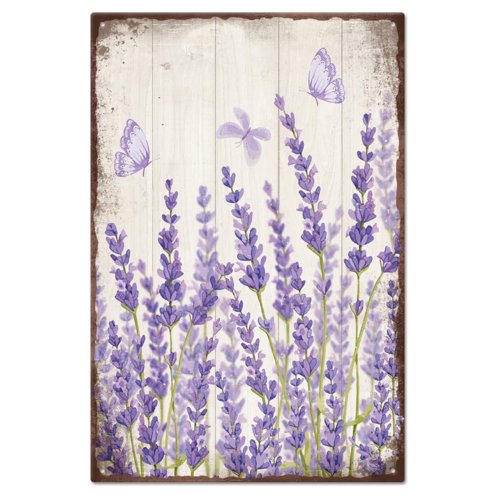 GLOBLELAND Vintage Lavender Metal Tin Sign 12x8in/30x20cm Personalized Butterfly Tin Signs Garden Tin Signs Art Plaque Poster Wall Decor for Home Bedroom Living Room Club Coffee Shop Decoration