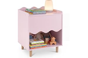 Costzon Nightstand, Scalloped Side Table with Wide Top, Large Storage Compartment & Solid Rubber Wood Legs, Children Wooden E