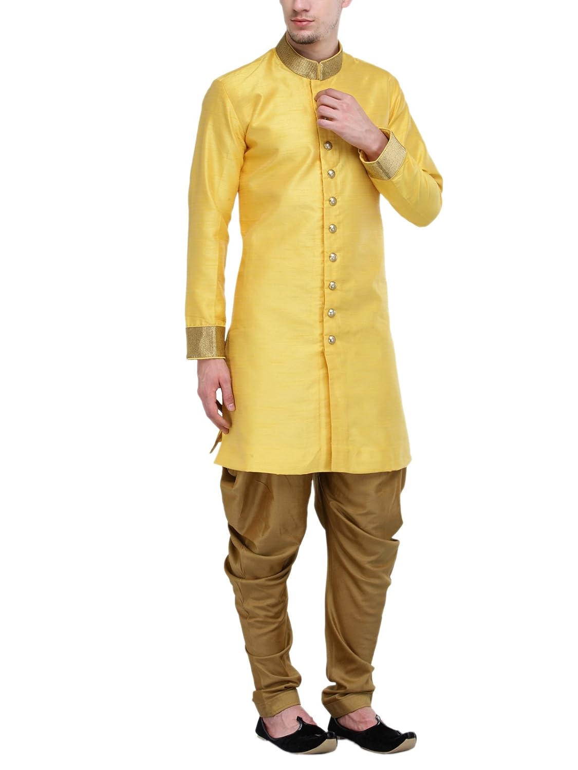 rg designers yellow and gold plain sherwani for men