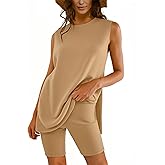 Outfeel Women Two Piece Short Set Summer Sweatsuit Beach Outfits Sleeveless Tunic Top and Shorts Lounge Set