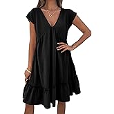 APAFES Women's Summer Dress A Line V-Neck Ruffle Hem Sundress Flowy Swing Mini Dress with Pockets(Black-L)