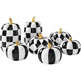 WDS WONDROUS 7PCS Decorative Pumpkins, Halloween & Fall Decor for Table | Black and White, Thanksgiving, Faux Checkered Pumpkins Table Centerpieces, Modern Resin Pumpkin Decorations for Farmhouse