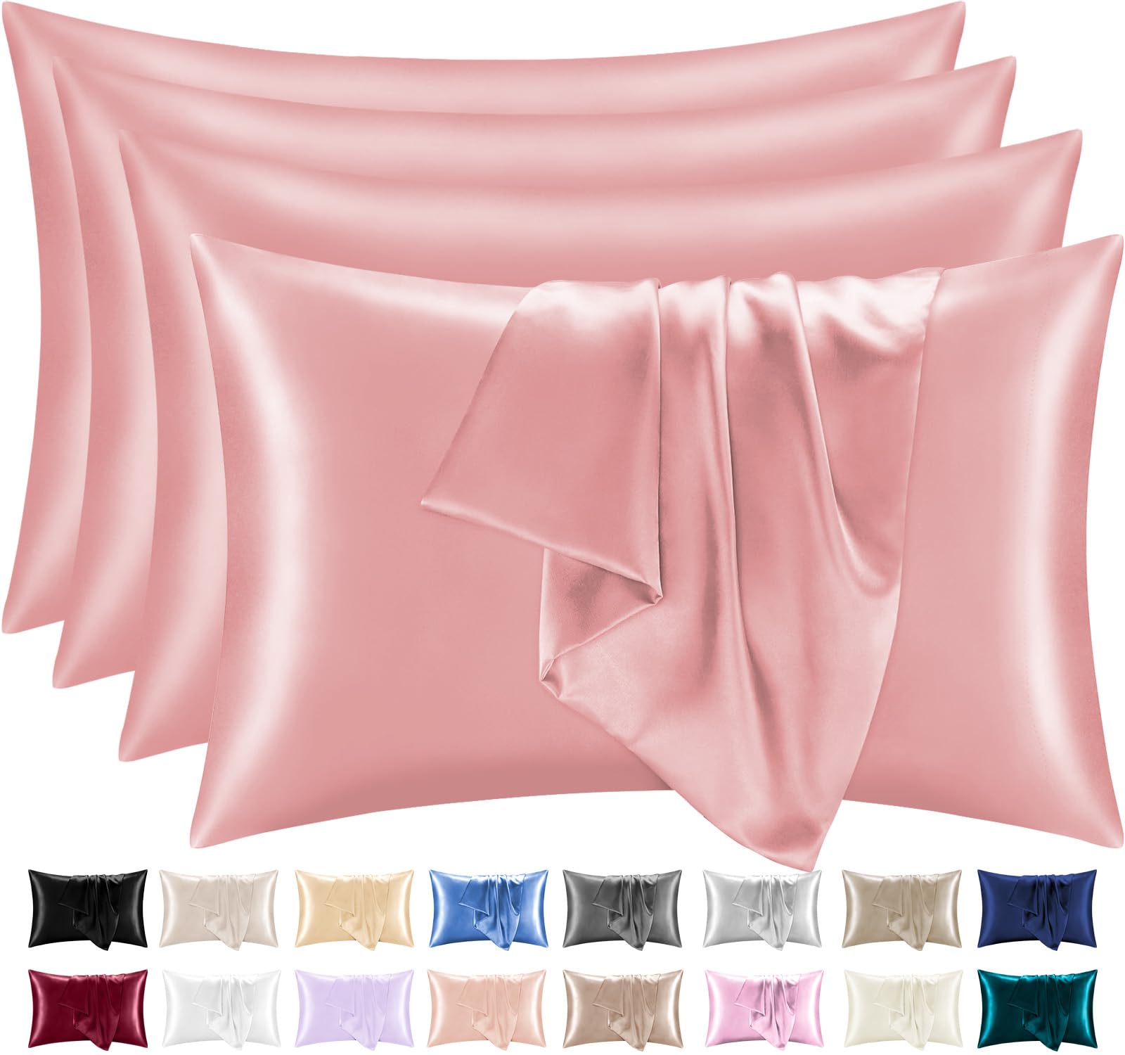 Lazzaro Satin Silk Pillowcases for Hair and Skin - Hypoallergenic Silk Pillow Cases 4 Pack with Envelope Closure - Ultrasoft Standard Size Coral Silk Pillowcases (50 x 75 cm)