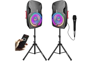 EXOTON EXOTON 15 inch Professional Dual Powered PA Speakers, 1200 Watts Active&Passive Loudspeakers, PA System Combo Set with Microphone/Tripods/Remote Control/Bluetooth/USB/LED Light, Indoor