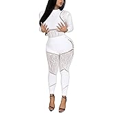 Ophestin Womens Sexy 2 Piece Club Outfits Mesh Hollow Out Long Sleeve Jumpsuit Bodysuit and Leggings Set