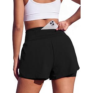 Womens 2 in 1 Swim Shorts High Waisted Split Running Shorts with 3 Pockets | Casual Sports Board Swim Trunks, Quick Dry, Ligh