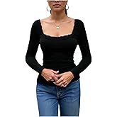 winkbay Women's Lace Long Sleeve Tops Square Neck Fitted Ribbed Knit Going Out T Shirts