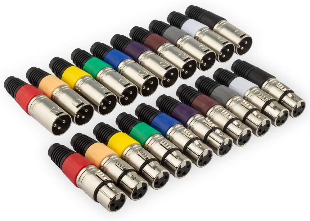 EBXYA XLR DMX Connector (3 Pin), 10 Pairs of Male to Female Zinc-Alloy XLR Connector with Color Coded Ends