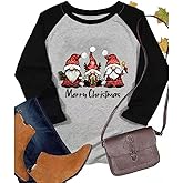 T&Twenties Women's Christmas Gnome Shirt Xmas Buffalo Plaid Splicing Tshirt Long Sleeve Holiday Tops