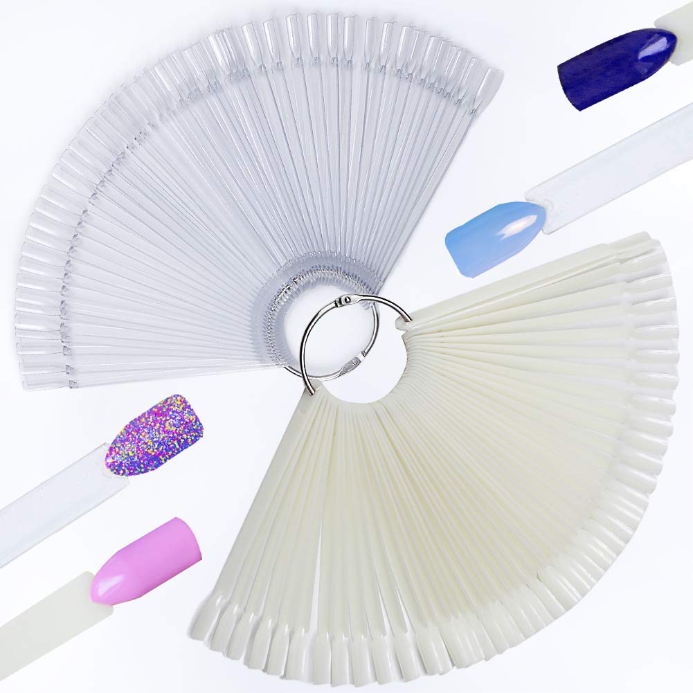 Hedmedum 100 PCS False Nail Display Tips Nail Display Sticks Polish Gel Salon Display with Metal Split Ring Color Swatch Sticks Gel Polish Practice Tools（Clear & White）