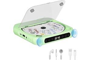 SKYANS Portable CD Player with Bluetooth, Rechargeable CD Player for Home/Car, Built-in HiFi Speakers, Headphones, LCD Screen, Supports CD/AUX/USB and Repeat Modes, Green