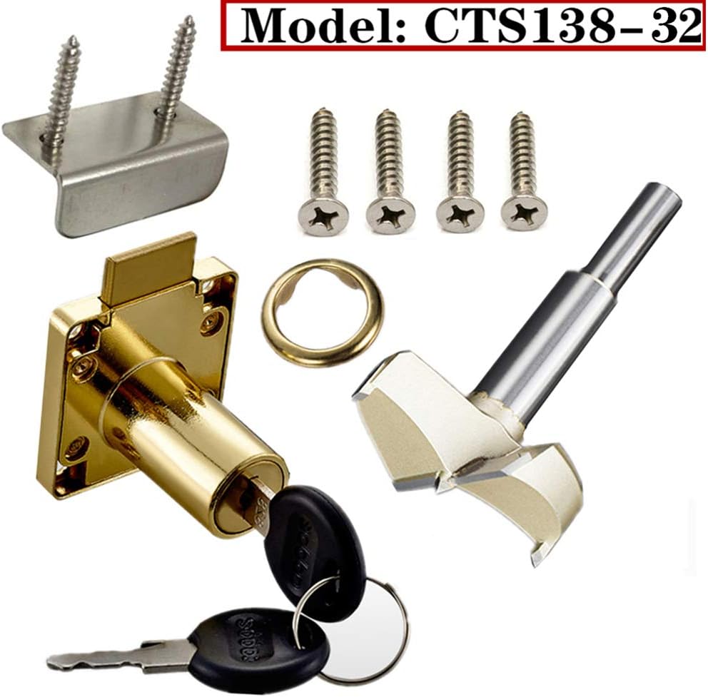 Office Table Drawer Lock + Door Puncher Set, Cabinet Lock, Door Lock, Model CT-138-32, Door Opener Diameter 0.75 inch / 20MM, Suitable for Door Panel Thickness of 27 mm - 32 mm. 1 Set [Gold]