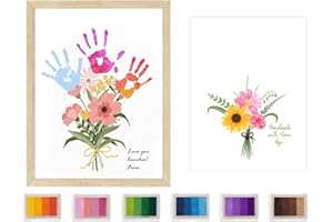 Physkoa Christmas Mom & Grandma Keepsake Gift — Handprint Flower Craft with Wood Frame — Great Grandma Gift for Birthday or Xmas— 2 Art Styles + Washable Ink Pads