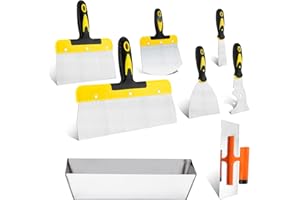 DEKEones Drywall Knife Set, 8 Pieces Stainless Steel Drywall Hand Tool Kit Includes Taping Knives, Putty Knives, Finishing Trowel, Mud Scoop and 12" Mud Pan with Ergonomic Handles for Drywall Work
