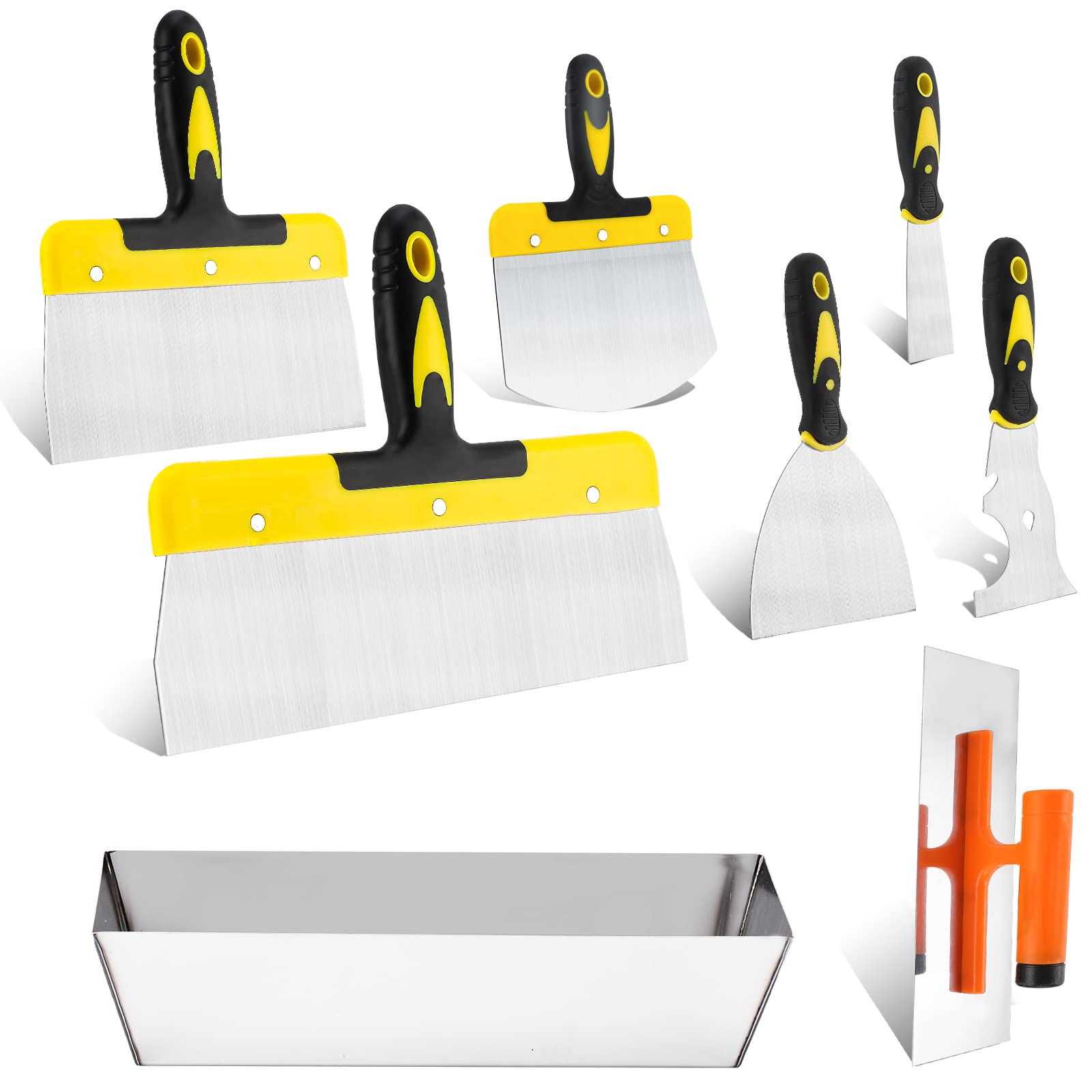 Photo 1 of DEKEones Drywall Knife Set, 8 Pieces Stainless Steel Drywall Hand Tool Kit Includes Taping Knives, Putty Knives, Finishing Trowel, Mud Scoop and 12" Mud Pan with Ergonomic Handles for Drywall Work